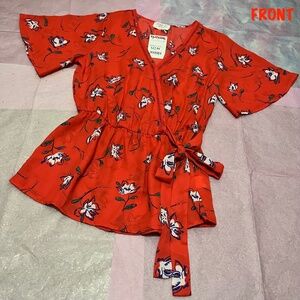 Sienna Sky Red Orange Faux Wrapped Floral Top